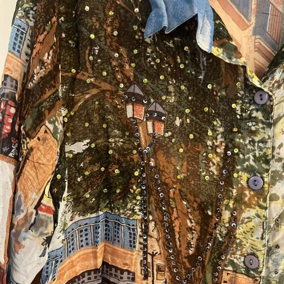 Half Moon Bay Rayon Large Art Print Button-Up Shirt With Beaded Details Made In - Picture 3 of 12